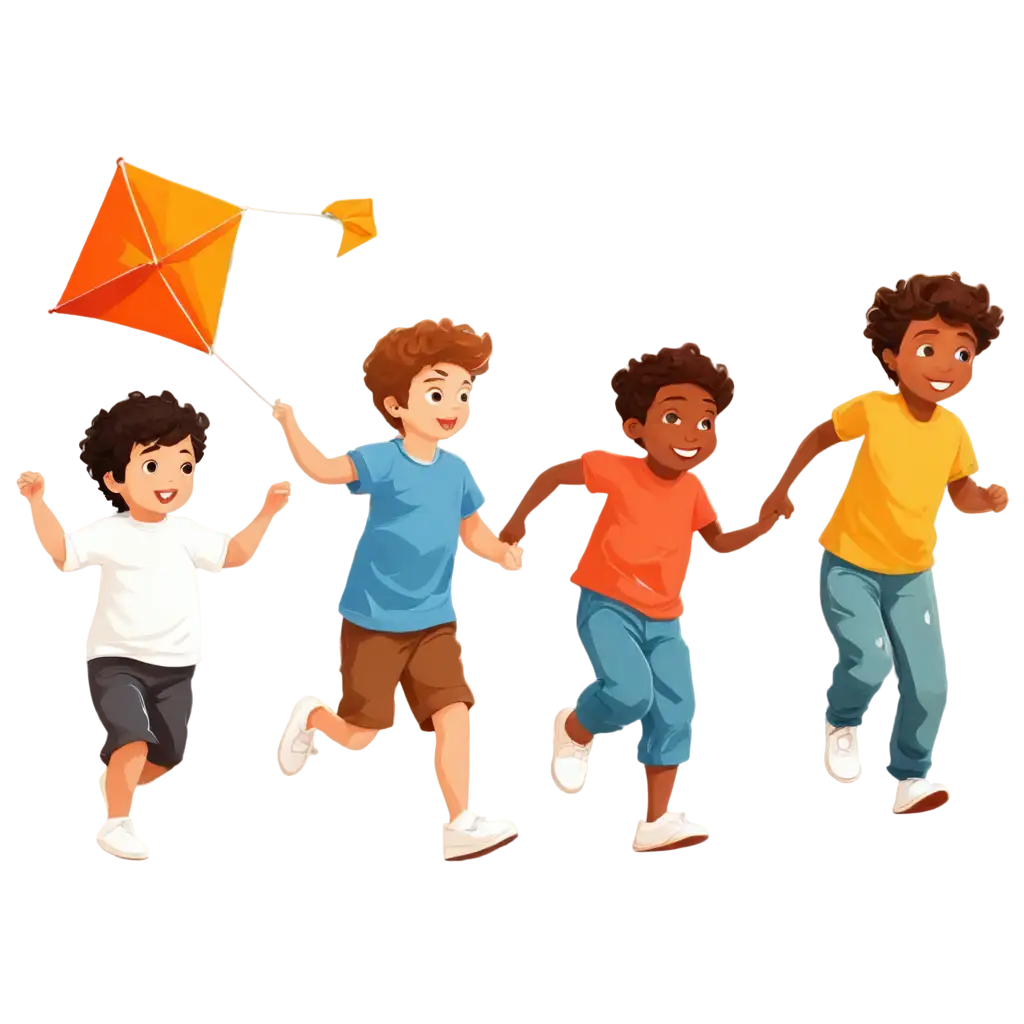 A group of little boys running around with kites, cartoon