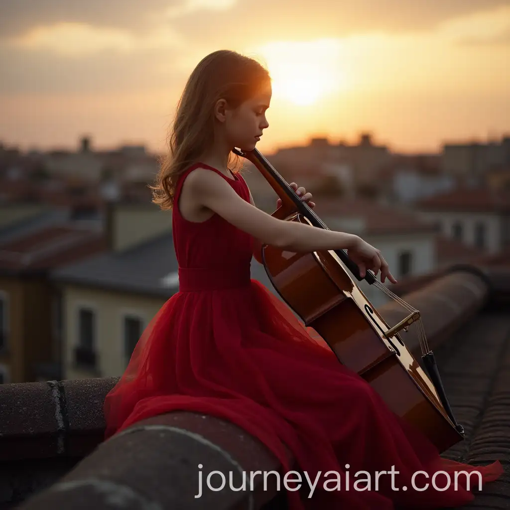 Young-Girl-in-Red-Dress-Playing-Cello-on-Roof-at-Dusk