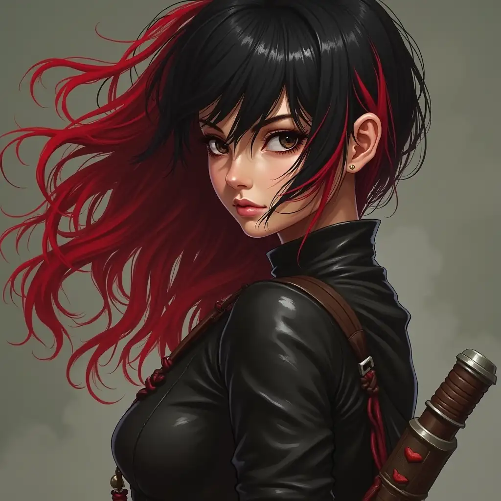 Female Human Fighter with Mixed Black Red Hair