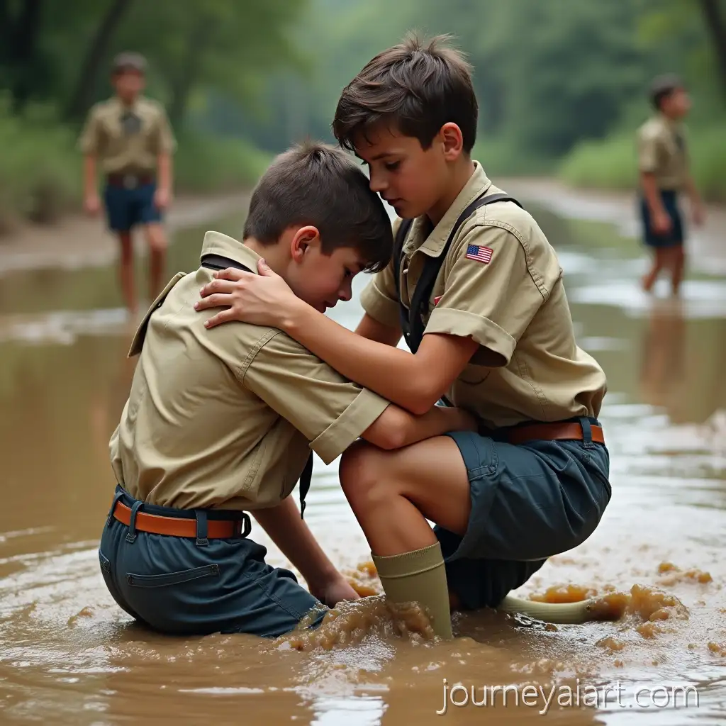 Teenage-French-Scouts-Wrestling-in-Mud-during-Summer-Camp