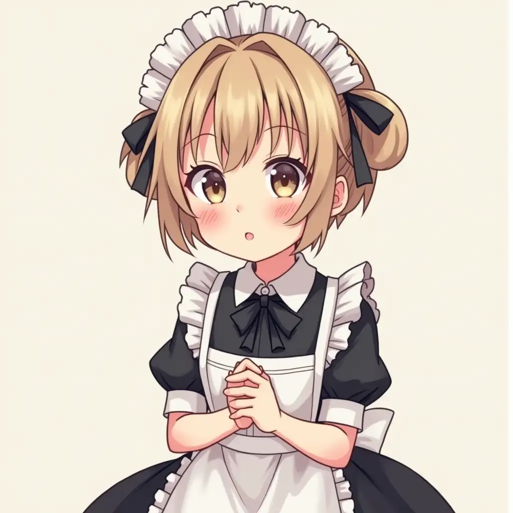 A short guy wearing a maid dress blushing anime style