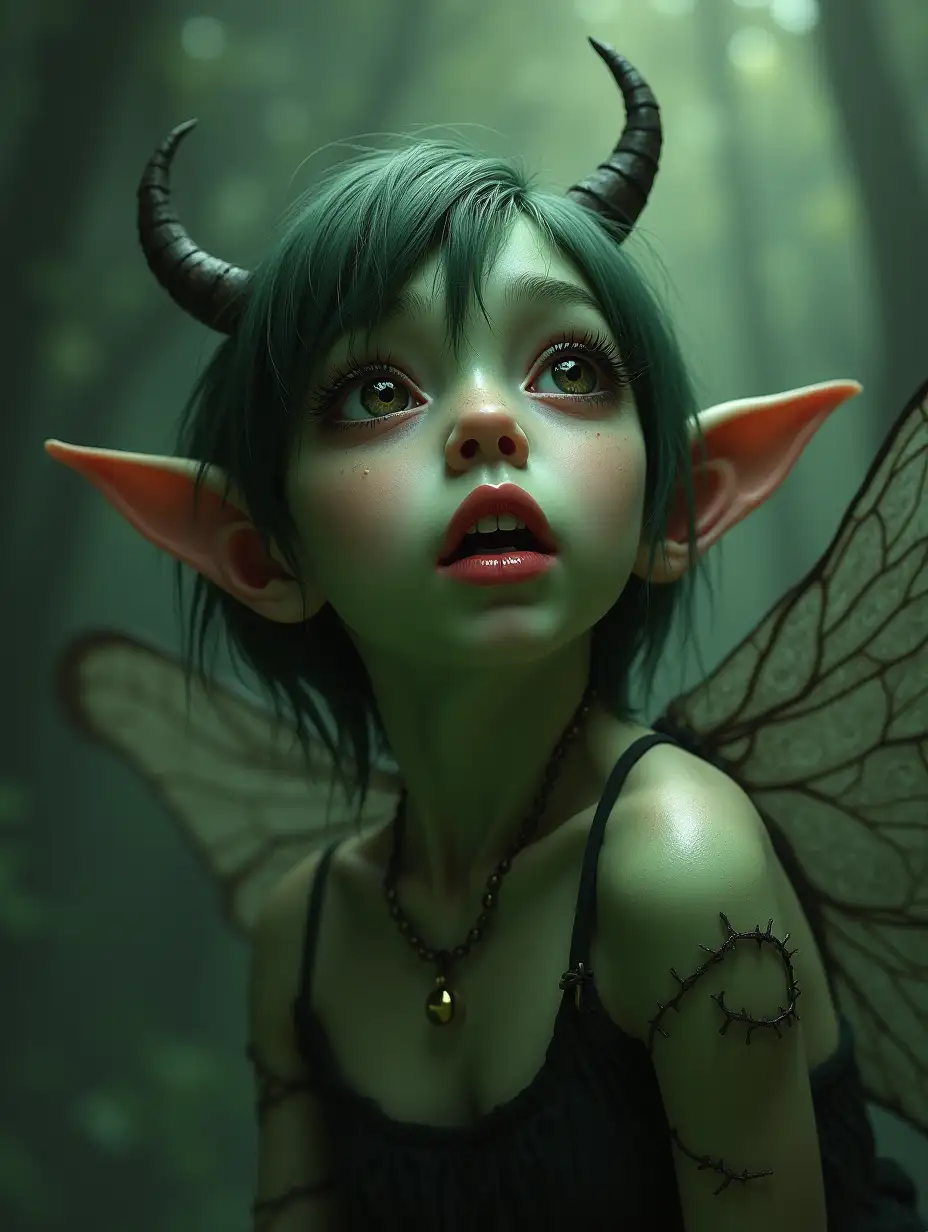 pixies, fairy, evil, green skin, short hair, sharp teeth, dragonfly wings, surrealism realism, hyperdetailed, gloomy atmosphere, dark fantasy