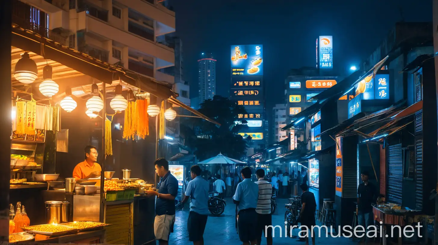 Vibrant Night Street Scene with Glowing Food Stall and Modern Buildings