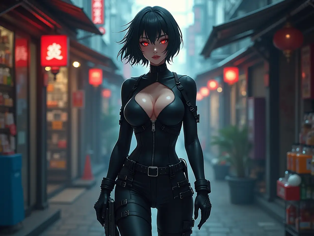 Short hair, mature Asian woman thief cyber runner in a dynamic full-length pose, eyes with red electronic pupils, large breast, extreme skintight body glove zipped down with cleavage, combat boots and combat belt. Full view of her body from boots up, low wide angle. Future store filled city alley street. Anime