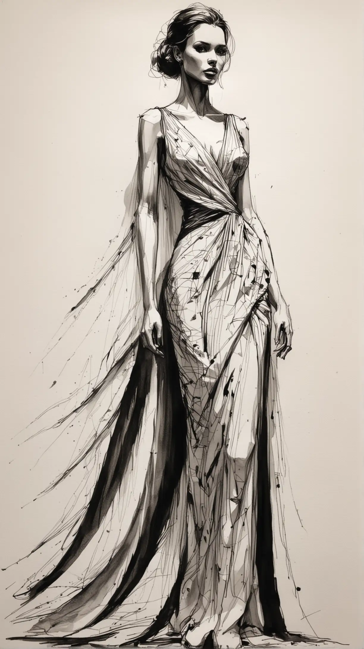 Abstract Evening Dress Sketch in Black Ink on White Paper