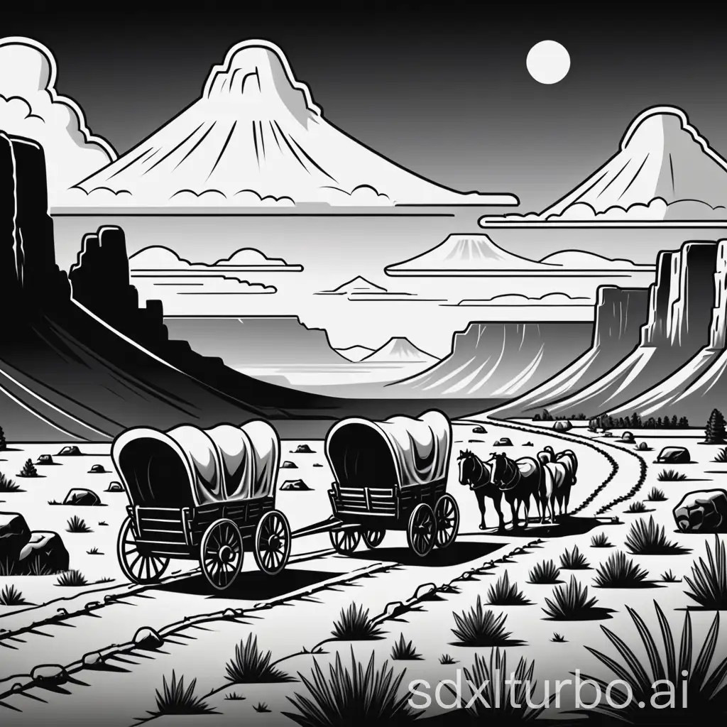 Black and White Line art that represents the Oregon Trail