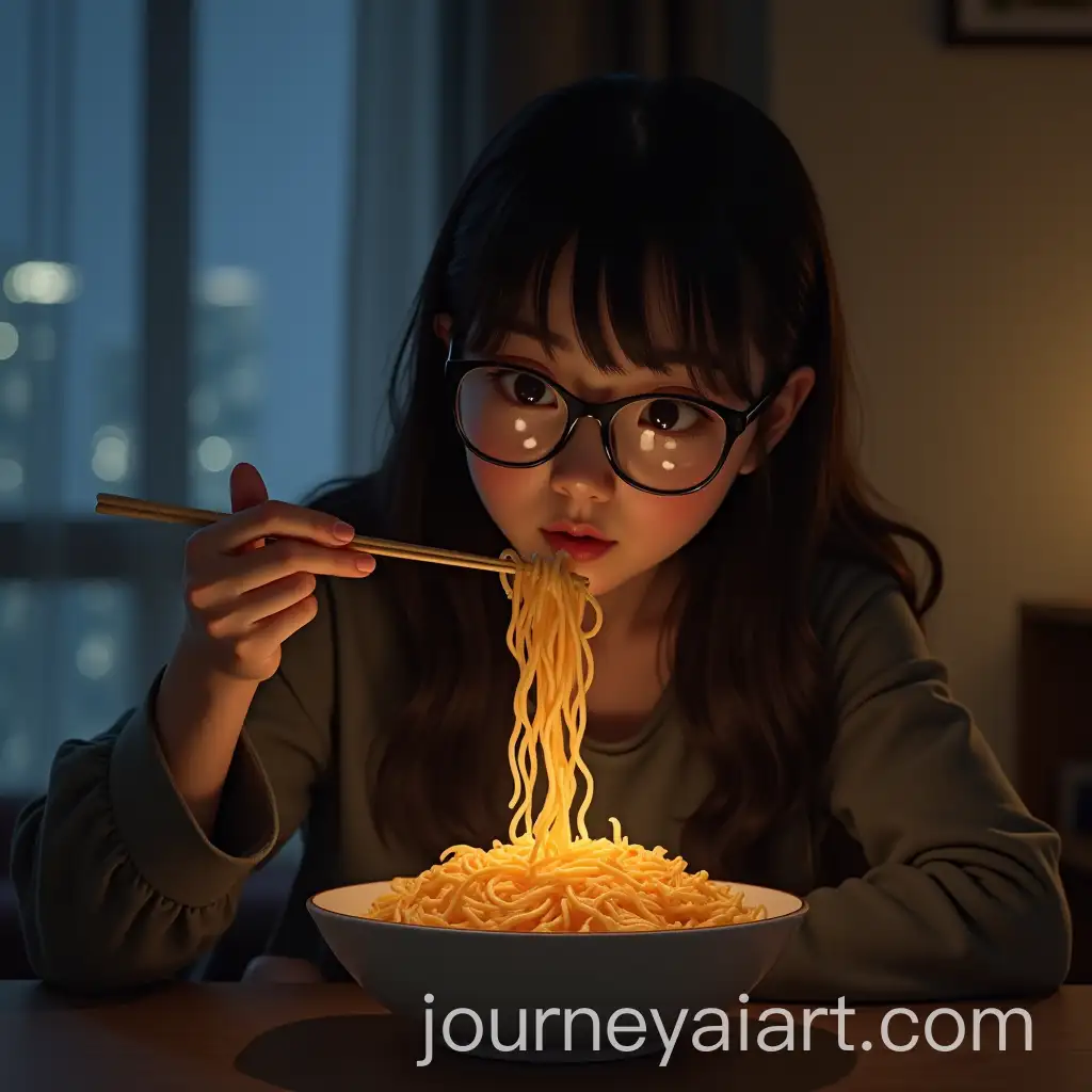 Girl-Eating-Yippie-Noodles-While-Watching-Korean-Dramas-in-Hostel-at-Night