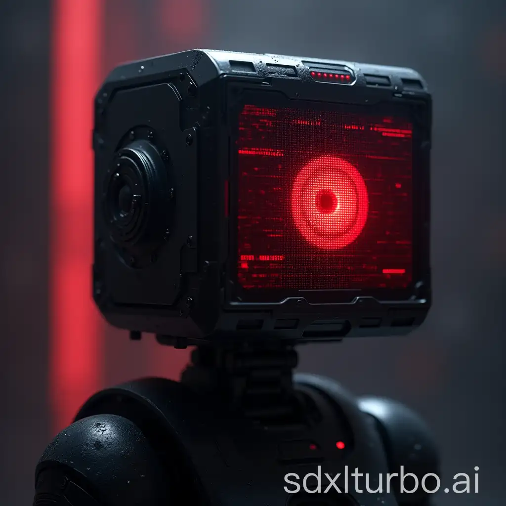 A evil cube robot with a large digital screen as the face with a large red eye on it, dramatic, cinematic lighting