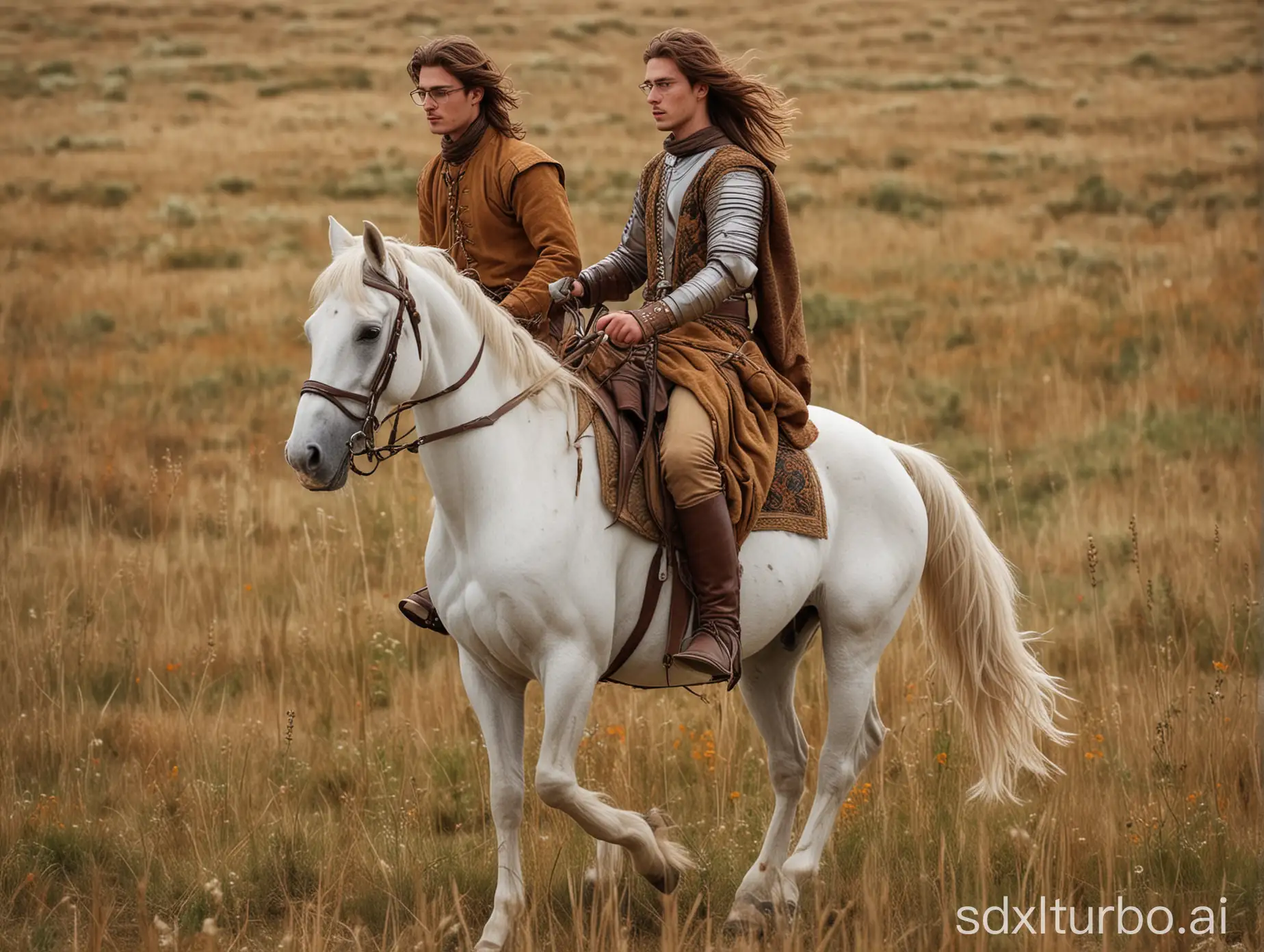 Two riders are riding on the steppe. On the white horse a handsome rider is a statuesque young man with long dark hair lying on his broad shoulders. On the russet horse rides a handsome young man with long  a bit wavy brown hair, wearing glasses. Both are dressed in beautiful medieval hunting clothes and boots.