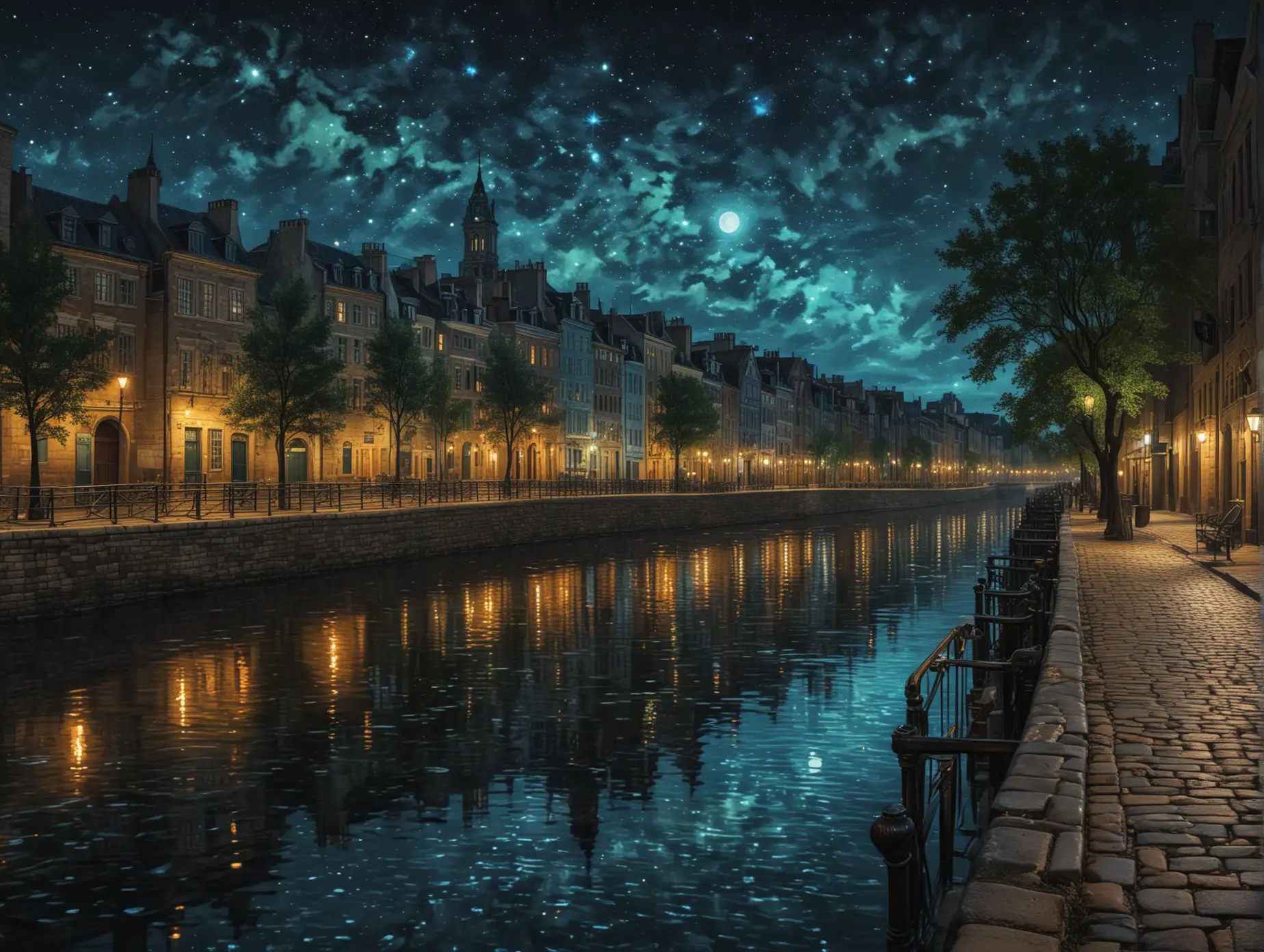 Nighttime-Cityscape-with-Shimmering-River-Reflections-in-Van-Gogh-Style