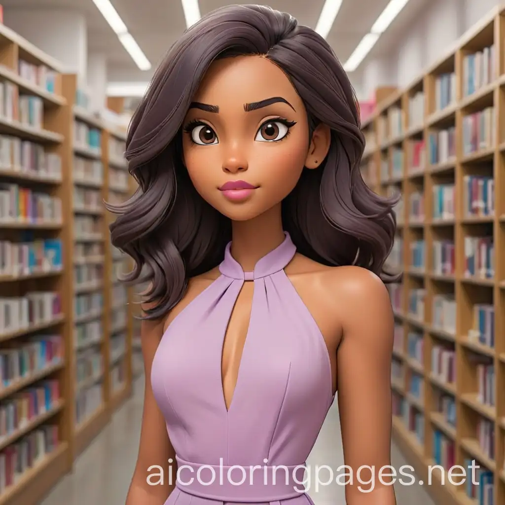 BrownSkinned-Woman-in-Light-Purple-Jumpsuit-at-Bookstore-Coloring-Page