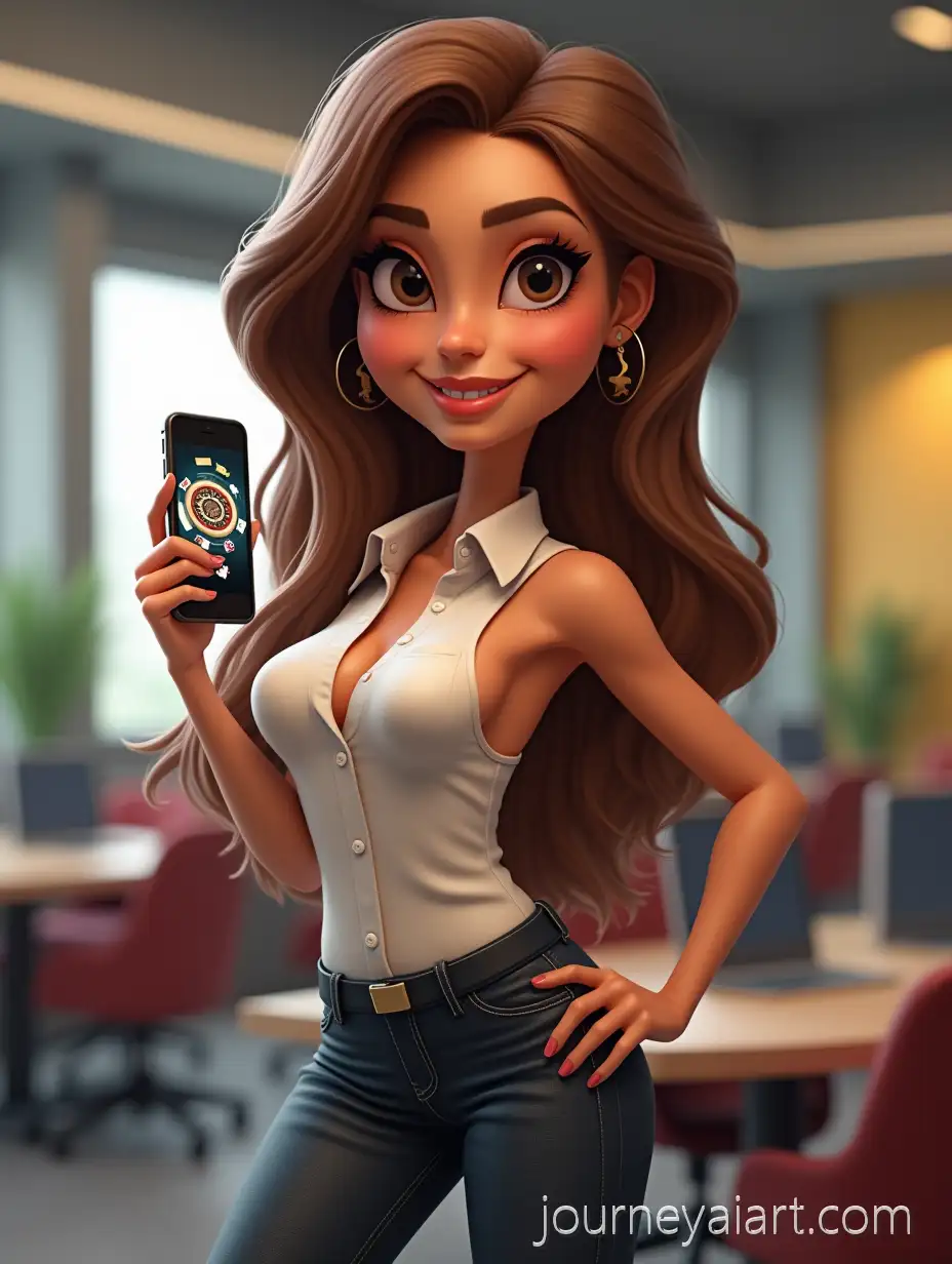 Confident-Girl-Holding-Phone-with-Gambling-Game-in-Office-Setting
