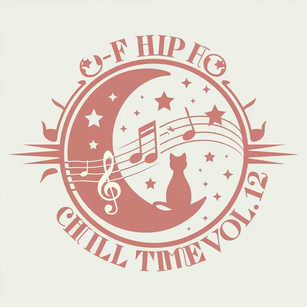 LOGO Design for Lofi Hip Hop Chill Time Mix Vol12 Moon Cat Stars and Musical Notes with Apricot and White Theme