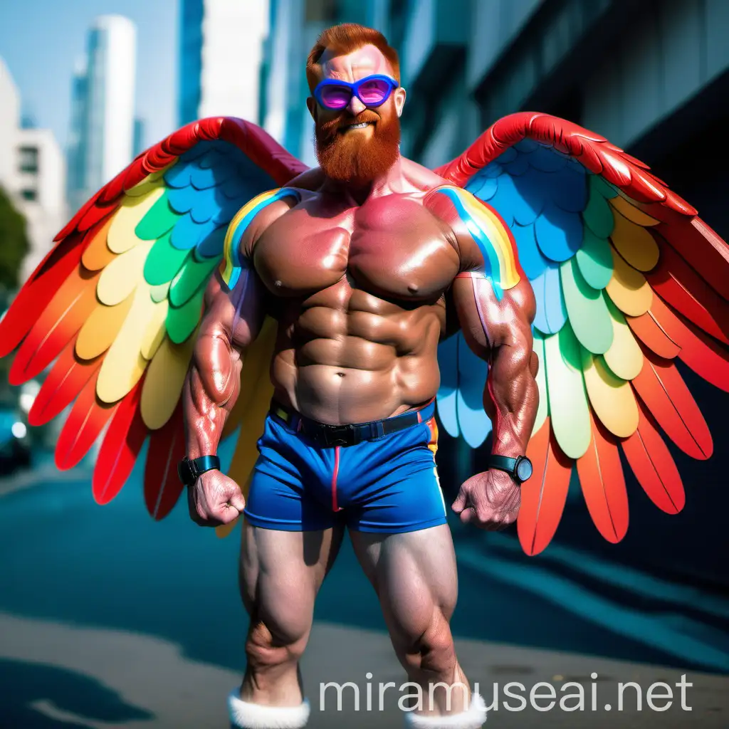 Colorful Bodybuilder Daddy Flexing Arm in Rainbow Jacket with Eagle Wings