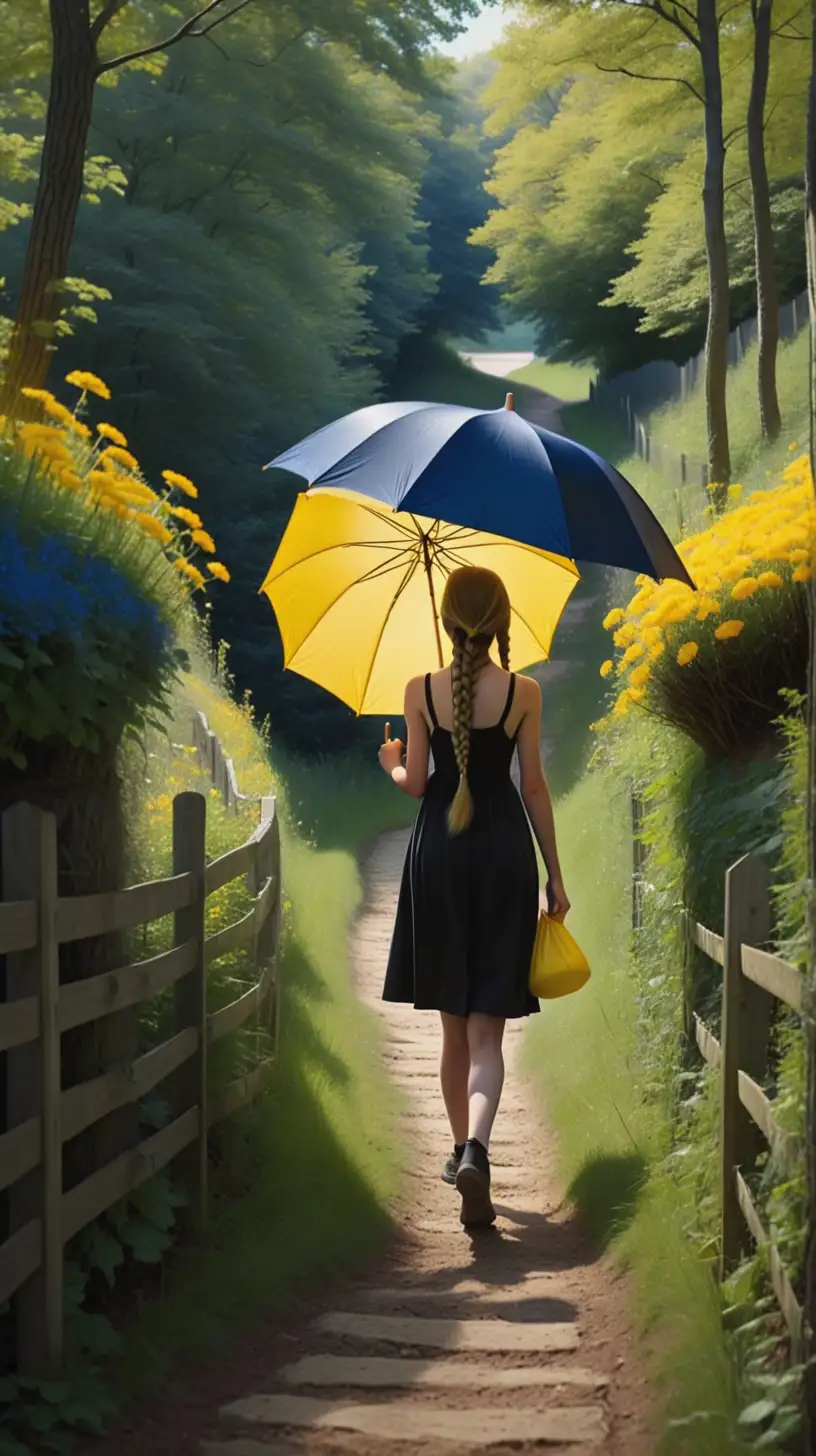 Vintage Teenage Girl Walking with Yellow Umbrella Up Hill Path