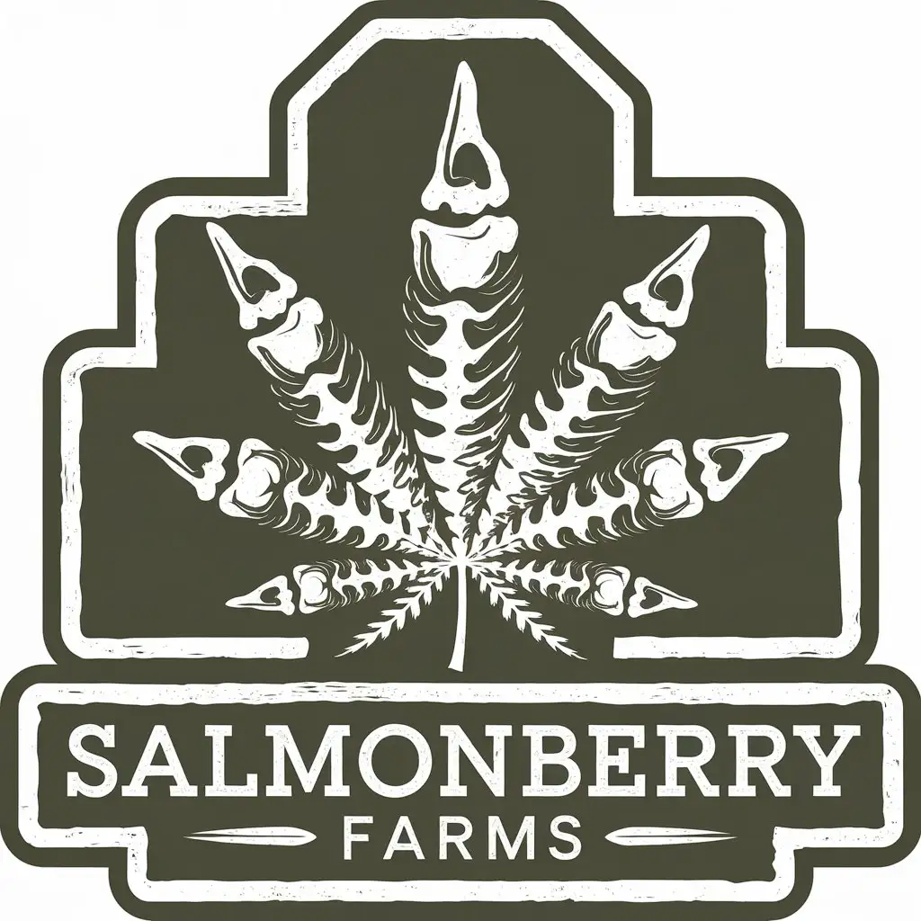 LOGO Design for Salmonberry Farms Cannabis Leaf with Salmon Skeleton Fingers Rustic Natural Style in Green and White