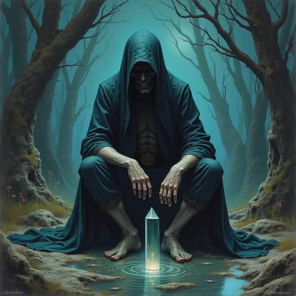 1970s-Dark-Fantasy-Reaper-Illustration-in-Swamp-Setting-with-Floating-Prisms