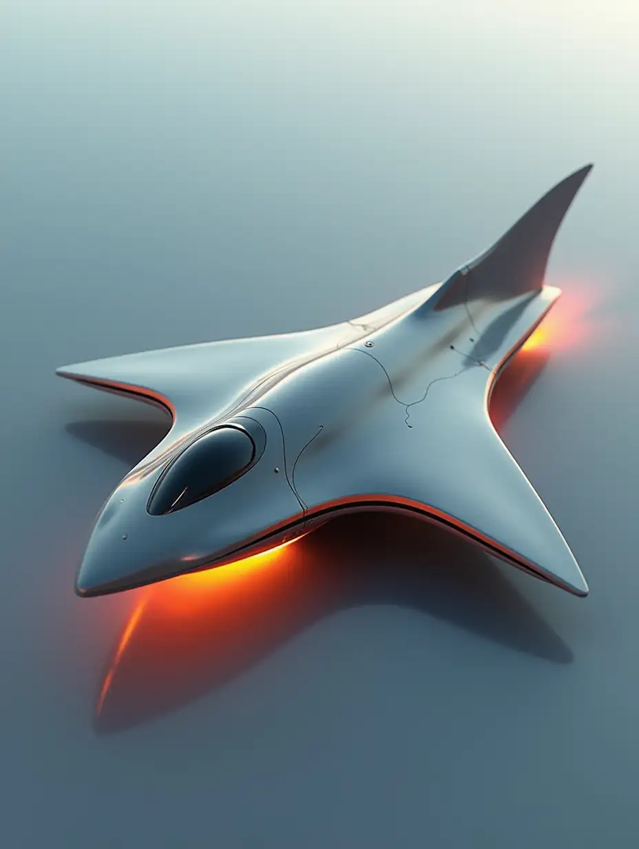 Futuristic industrial design | A drone concept inspired by grey and orange shark and manta ray made of bazalt glaze futuristic design| Sleek, aerodynamic form with smooth curves and sharp edges | Dynamic, wide-angle view emphasizing movement and agility | Soft, metallic lighting reflecting off its sleek surface | Shark-like nose; manta ray wings; streamlined, modern aesthetic --ar 16:9 --stylize 0 --v 6.1