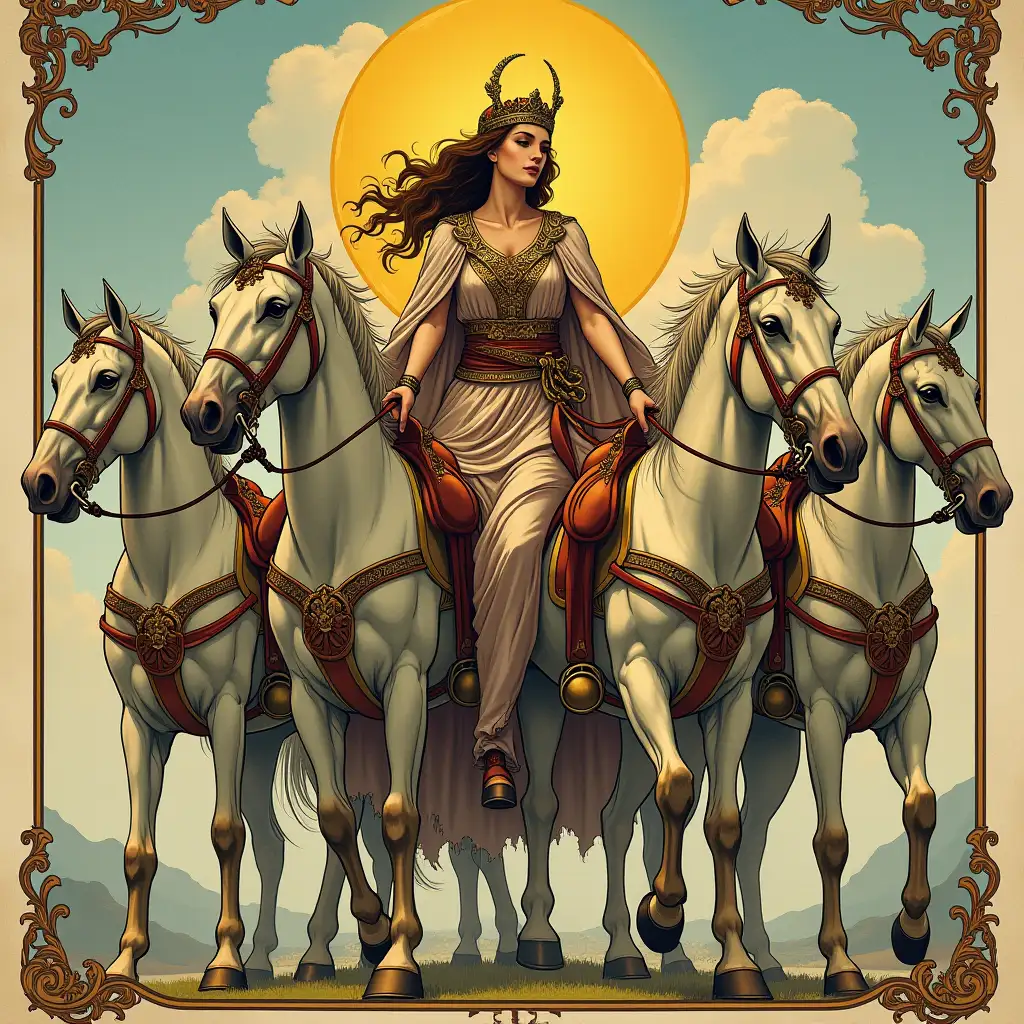 a beautiful woman full height, amazon rules chariot of 4 horses, variation on the theme of tarot arcana 7 chariot in the style of Valeggio, photo, many details