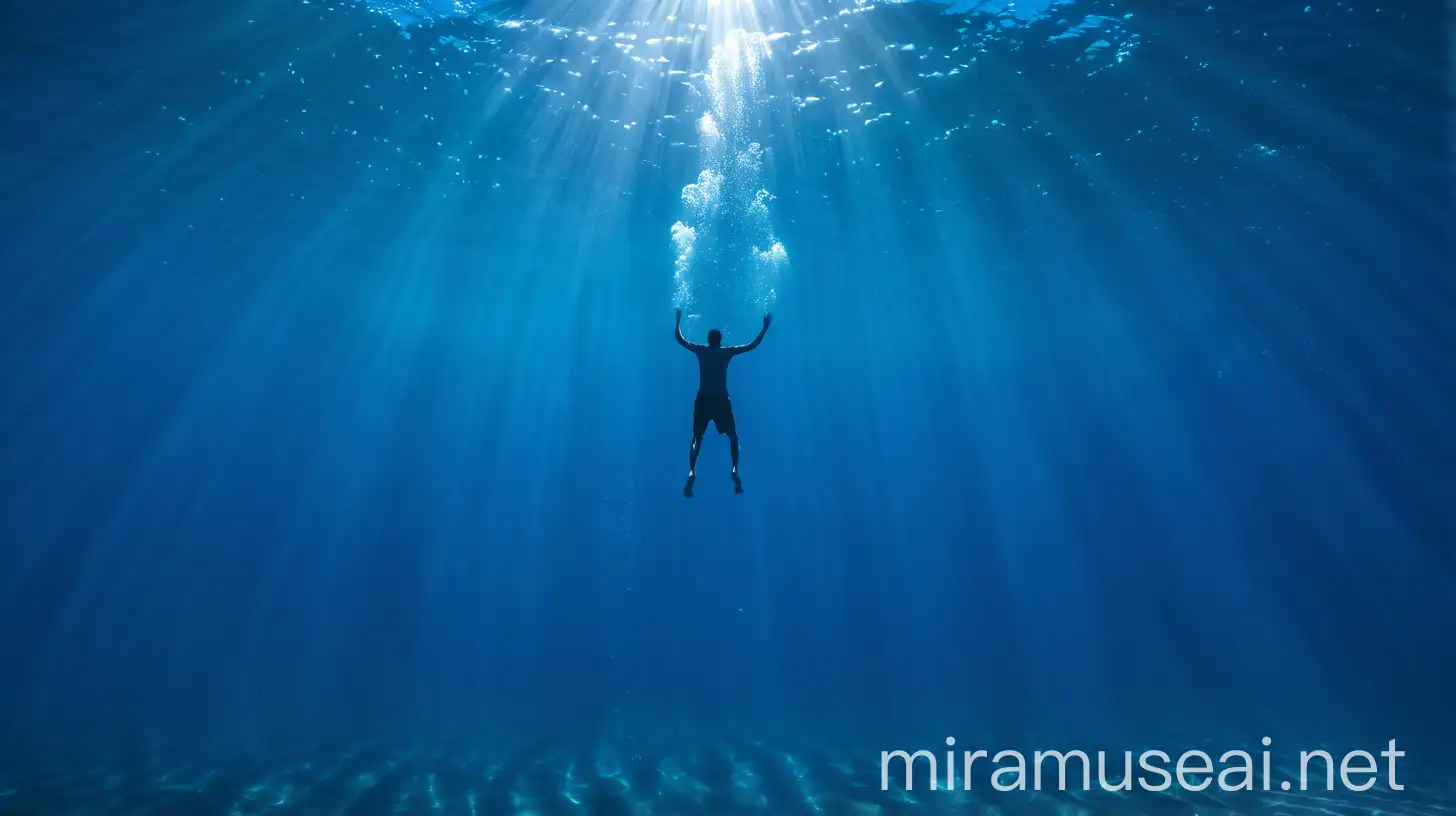 Person Sinking Vertically into Deep Blue Ocean with Bubbles Rising