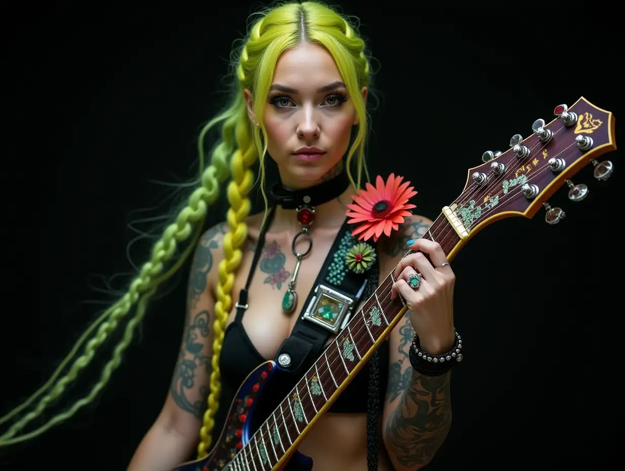 Depiction of a beautiful white woman with -tattoo, futuristic long mixed green-yellow braided hair and laced boots, holding an electric guitar flowers with intricately detailed, colorful and futuristic jewelry in her hand. Black background blurred 120mm shot