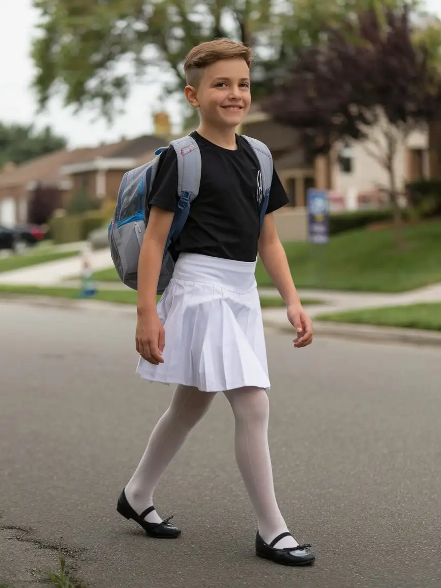 little young boy wearing black t shirt and white skirt with black ballet flats and walk to school and smiling and white sheer tights