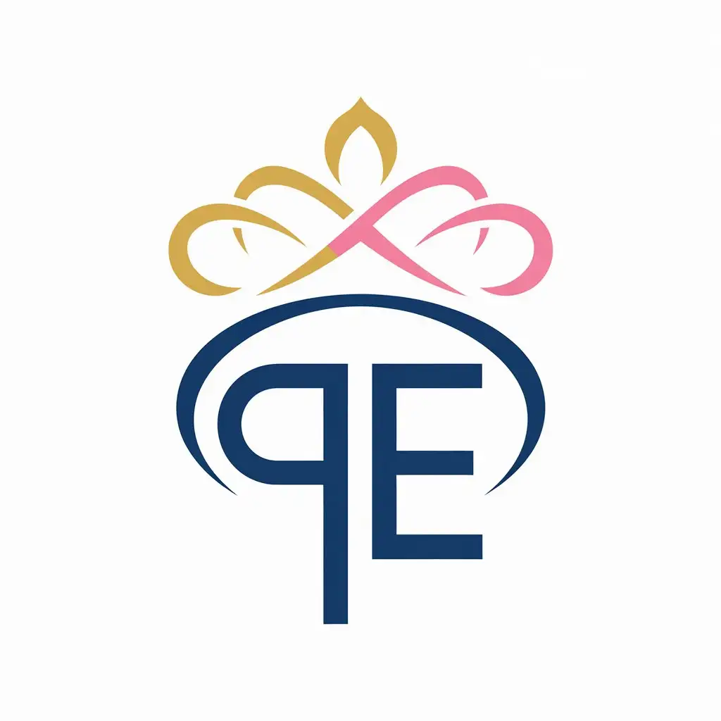 LOGO Design For Elegant Sassy Vector Design with Backward P and E Crown or Tiara in Blue Gold and Pink on White Background