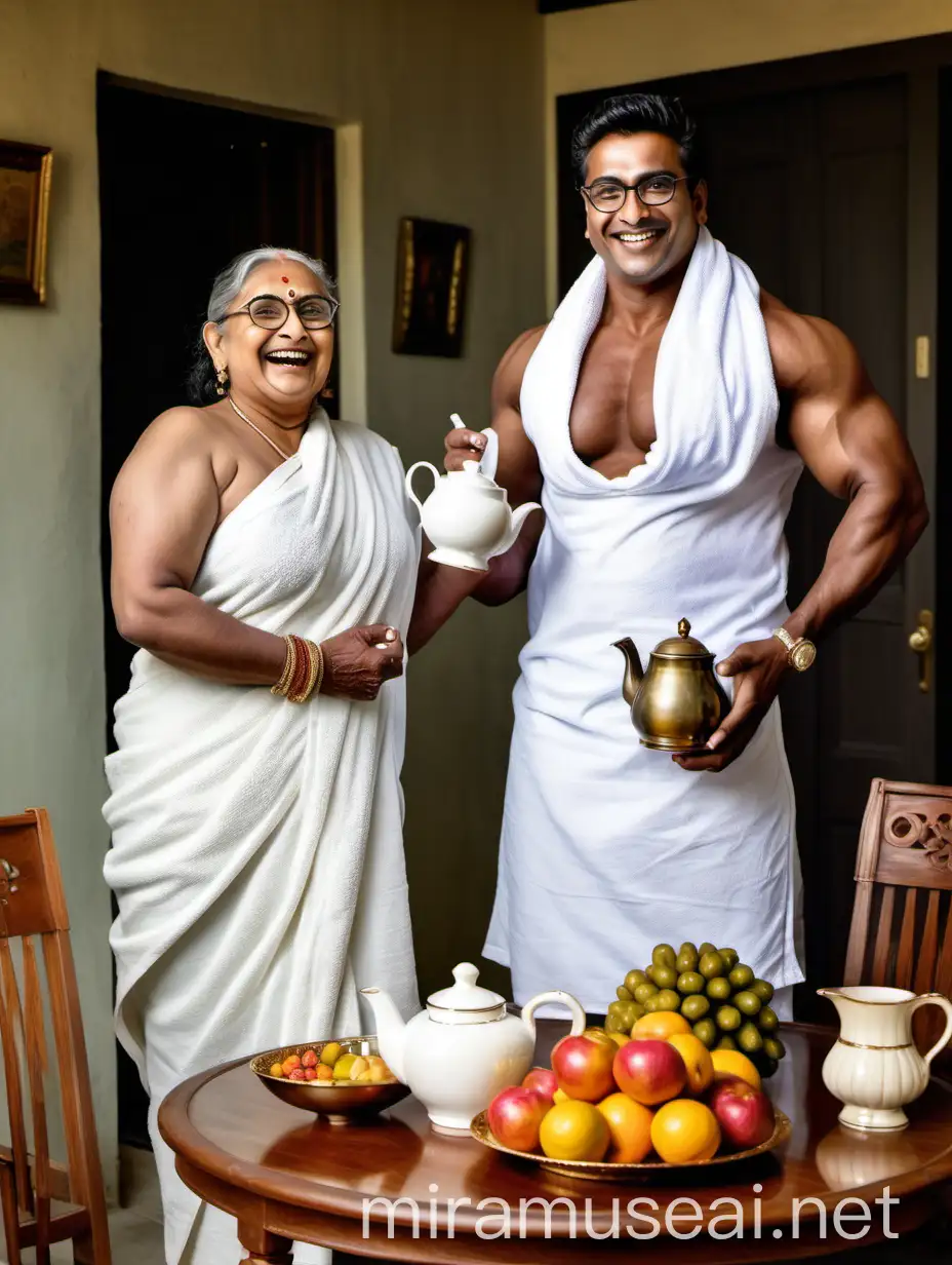 Healthy Indian Man and Woman in Luxurious Farmhouse with Dog and Fruits