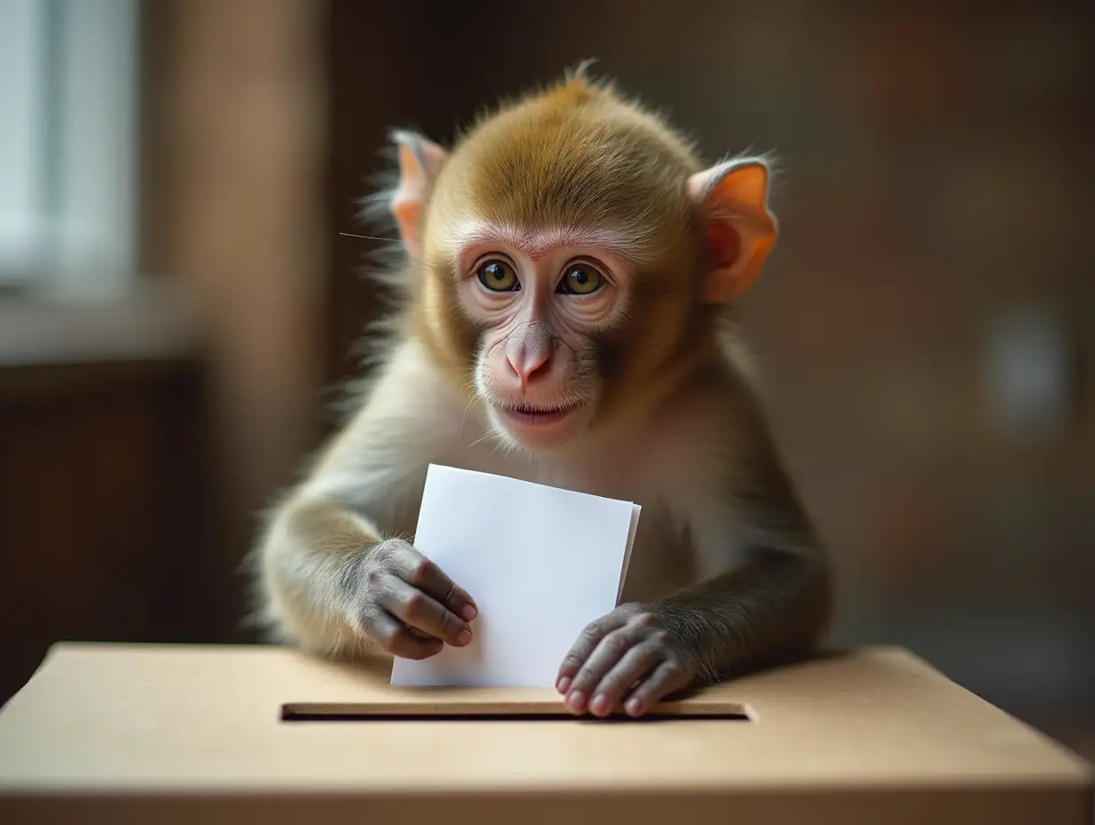 monkey placing ballot in a ballot box