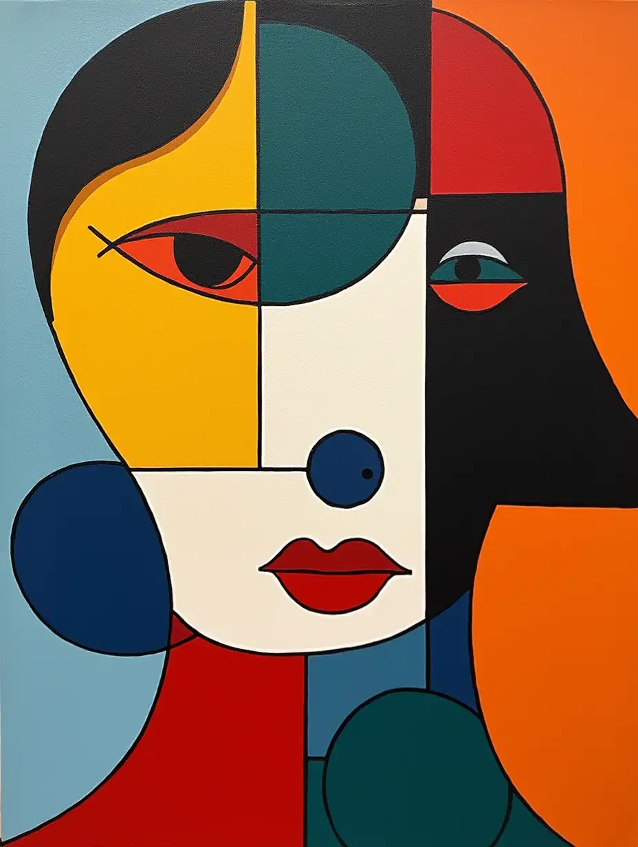 user_prompt: A checkerboard pattern, a line, primitively schematic, Stalker-style face in the style of Kandinsky, Malevich, minimalism, simplified for a beginner artist with acrylics in many colors, constructivism abstract