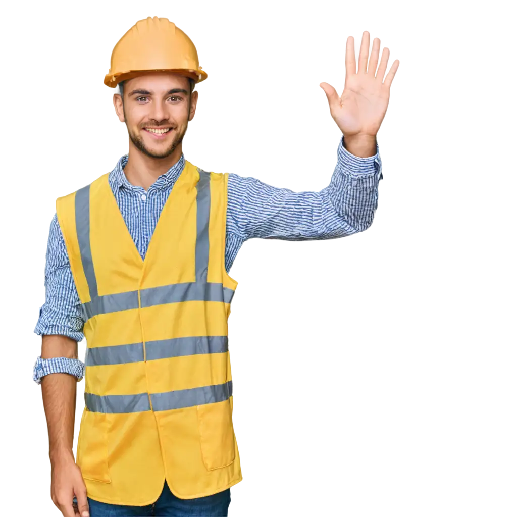 A young builder in a white hard hat and yellow safety vest waves his hand