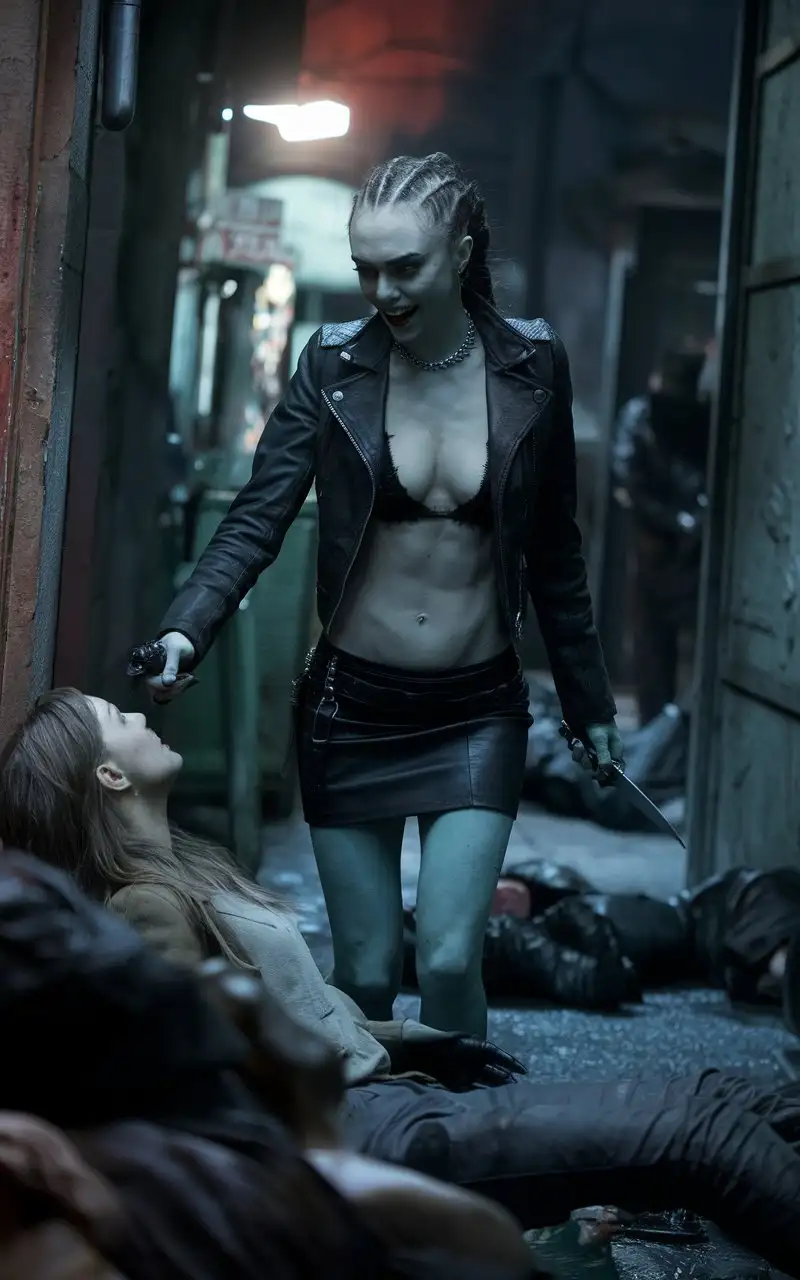 Dark dirty alley. A very beautiful evil street criminal Cara Delevingne robs a scared victim at knifepoint. Evil angry smile. Deep neckline, miniskirt, оpen muscular belly. An atmosphere of horror and temptation. A sweet dream for the victim. The victim looks at the tormentor with horror and love. The bodies of previously robbed and killed victims lie nearby. cinematic, photo , 4k