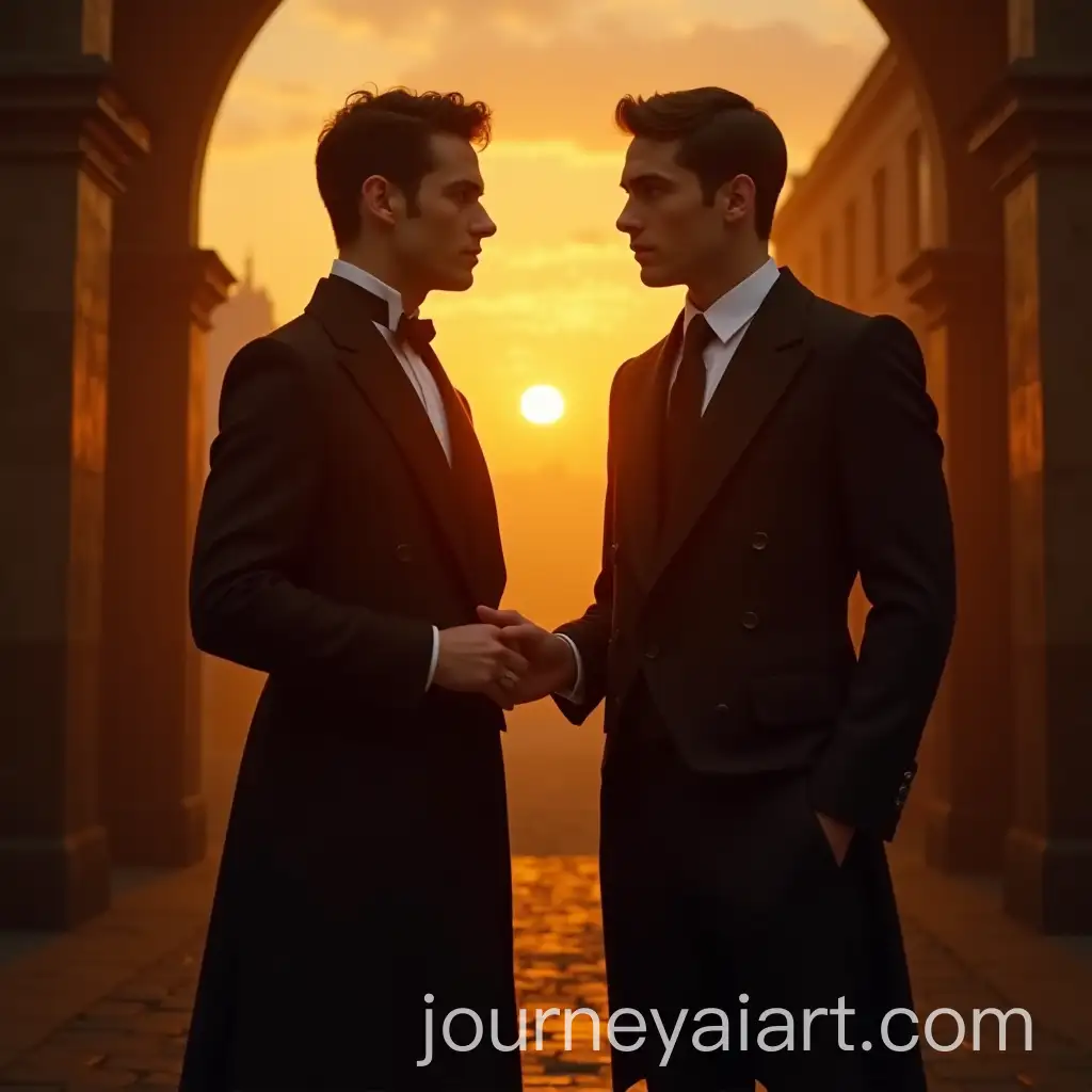 Two-Men-in-Black-Victorian-Suits-in-Sunsetlit-Studio
