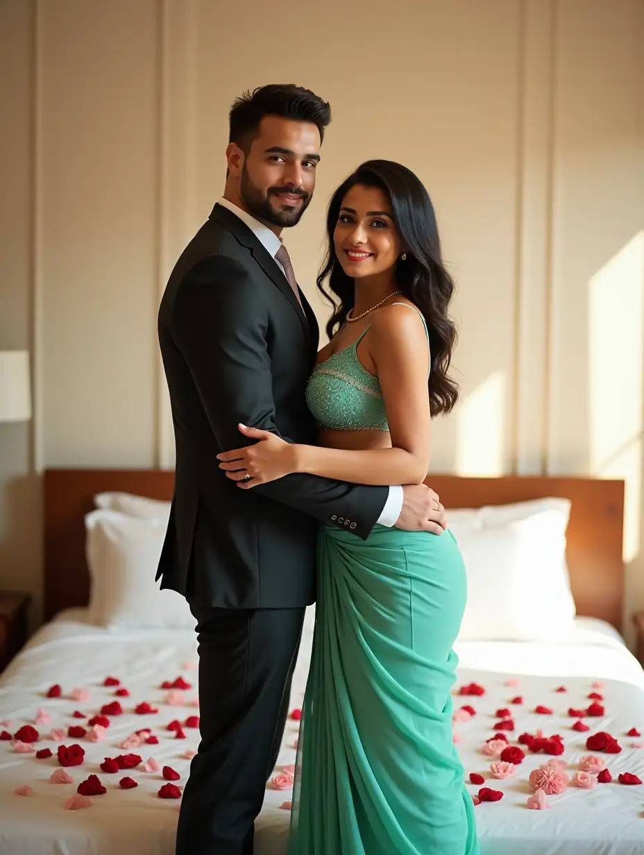 A stunning full-body beautiful and gorgeous white Indian bhabi standing in a romantic embrace, smiling warmly. She has curvier figure with a cute, beautiful round face and is wearing a half saree of greenish cyan red color. Saree is plain, beautiful and of net material. She is wearing a sleeveless, deep v neck short blouse showing cleavage, navel, and waist. Bra has small cups enhancing the stylish modern western look. She has a fair, radiant white skin tone. She is little fuller. She has hot Pink lips. She has beautiful figure and Stunning looks. She has black and open straight hairs. She has heel in her legs. The man is dressed in a well-fitted, stylish dark suit standing behind her and also has a fair white skin tone. Man has beard and moustache, white skin, good looking and handsome. Both looking straight at camera on front side. The background features a beautifully decorated bedroom with flowers, rose petals on white bedsheet enhancing the intimate and romantic atmosphere. Focus more on couple than background. Make 1080p resolution image. Both looking at front. Bright Sunlight brightening and shining the room completely.