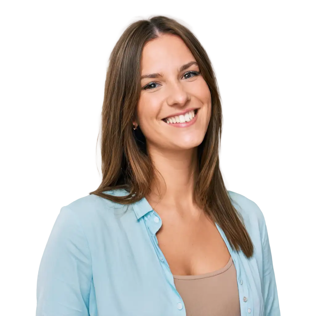 Smiling-Woman-with-Brown-Hair-in-Light-Blue-Shirt-PNG-Image