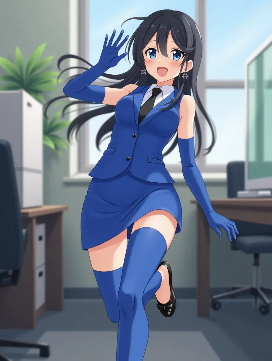 1 girls, solo, 23 years ago, 170cm, Long hair, black hair, blue eyes, office lady, Full body, whole body, front view, low Angle, Angle of view looking up from feet, earrings, kicking, wear a spandex blue sleeveless suit ((pencil mini skirt, same color)), black tie, spandex blue gloves((elbow gloves)), spandex blue thigh high leg warmers, feet wear black ballerina flat mules((ballerina flat mules)), cute face, smile, middle kick, in the office, best quality, depth of field, cinematic lighting, aesthetic, detailed face ((anime)), detailed clothes ((anime)), estrus, feet focus