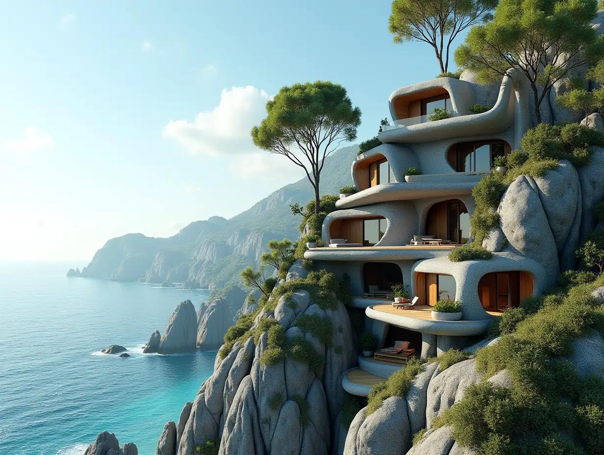 Create a high-resolution, realistic panorama image of a multi-level futuristic terrace building leading to the sea with window snail houses with many plants and grey and brown facades with large sea trees, blue sky