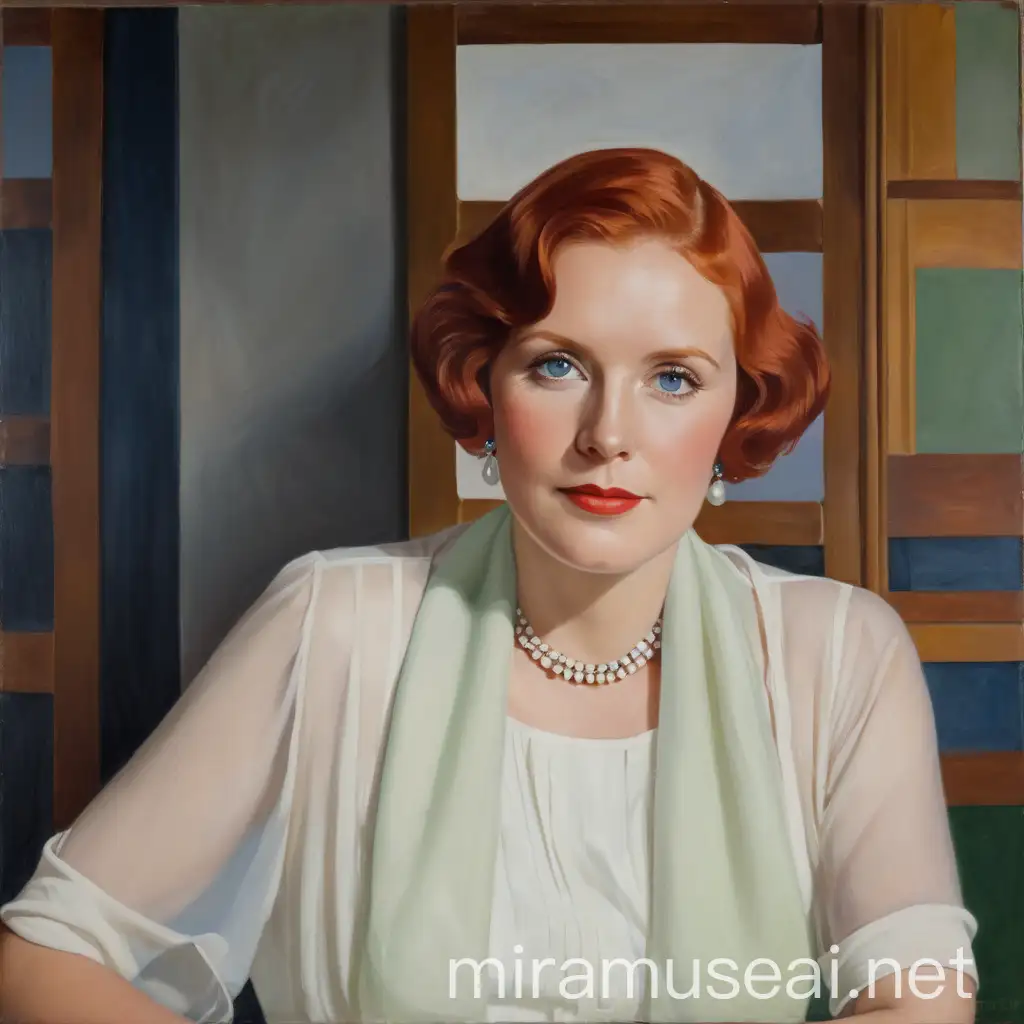 Portrait of Barbara GreenStuder with Red Hair and Blue Eyes in 1930s Style