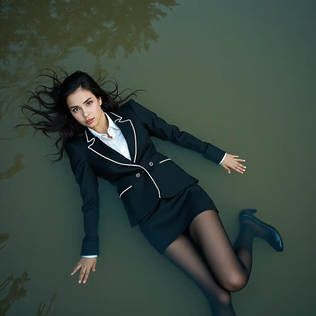 A teenage girl in a business suit with a jacket, skirt, blouse, dark tights, and high-heeled shoes. Swimming in a dirty pond. Lying in the water. Underwater. Wet clothes.