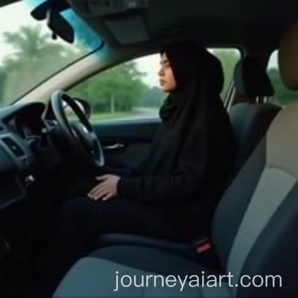 Muslim-Malaysian-Girl-in-Black-Dress-Sitting-in-Car-Passenger-Seat