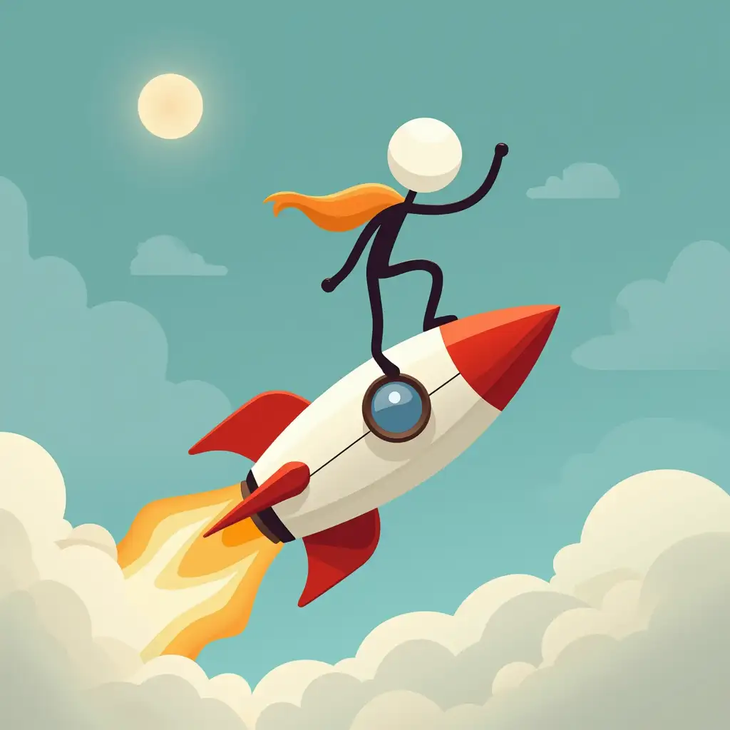 Stick figure riding on top of a rocket