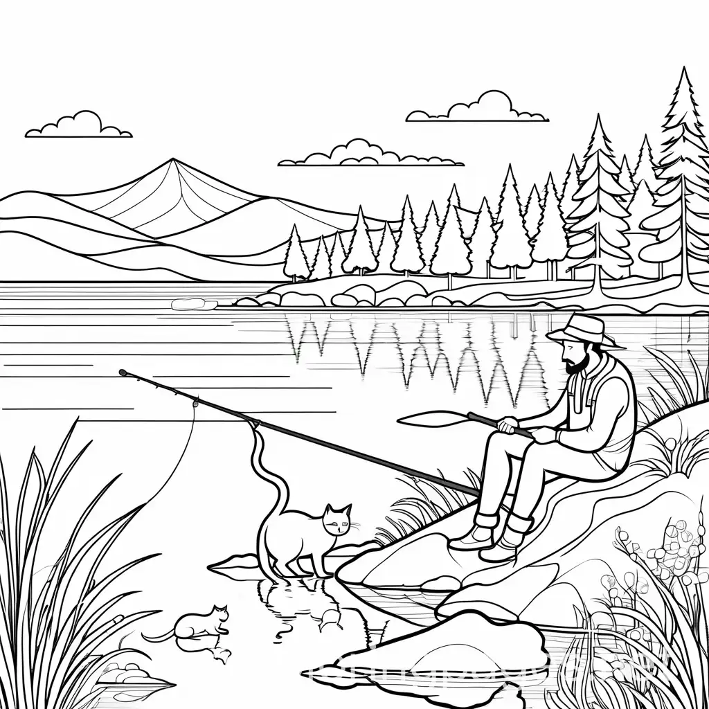 Man-Fishing-with-Cat-Simple-Coloring-Page-Illustration