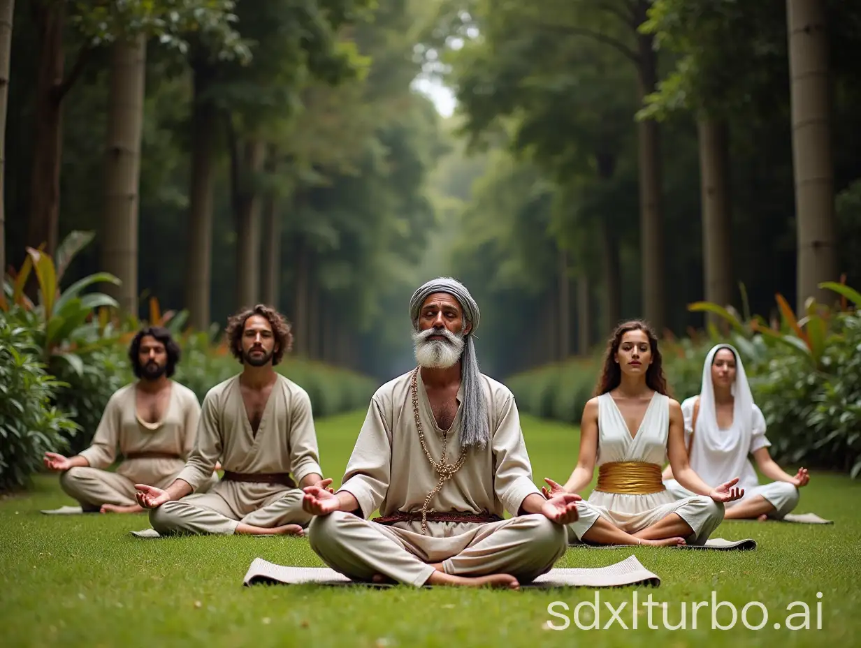 Create an image of a yoga retreat from the year 1682. The image shows an idyllic scene in a well-maintained garden, surrounded by high trees and exotic plants. In the middle of the image are five people sitting in various yoga poses on a soft, green lawn. They wear traditional clothing from the 17th century, such as long-sleeved shirts and trousers. A man in the center of the image sits in the lotus position, his eyes closed and his hands folded in his lap. He wears a long white beard and a headgear reminiscent of an Indian Sadhu. To his right sits a woman in the warrior position, with her arms outstretched and her eyes raised. She wears a white dress with a golden belt and a veil covering her head.