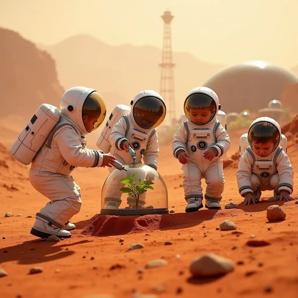 A group of young astronauts, around 4-5 years old, wearing oversized space suits with transparent helmets, are exploring the red Martian surface. Their small boots leave imprints in the fine Martian dust as they work together to set up tiny inflatable domes. One child is holding a small futuristic tool, trying to secure a dome structure, while another is playing with Martian soil, discovering small rocks. A few children are planting tiny saplings inside a glass-enclosed hydroponic pod. In the background, a futuristic Mars base with solar panels and rovers is visible under the hazy orange sky. The atmosphere is filled with curiosity, teamwork, and the wonder of starting life on a new planet.