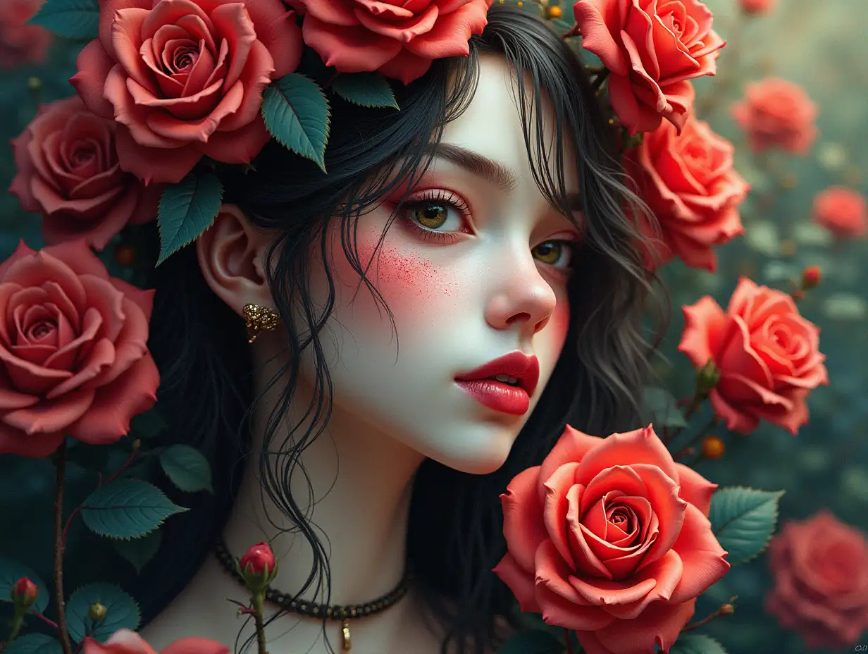 Ultra detailed hyperrealistic portrait of time traveling on intricately detailed, colorful roses with thorns in the background