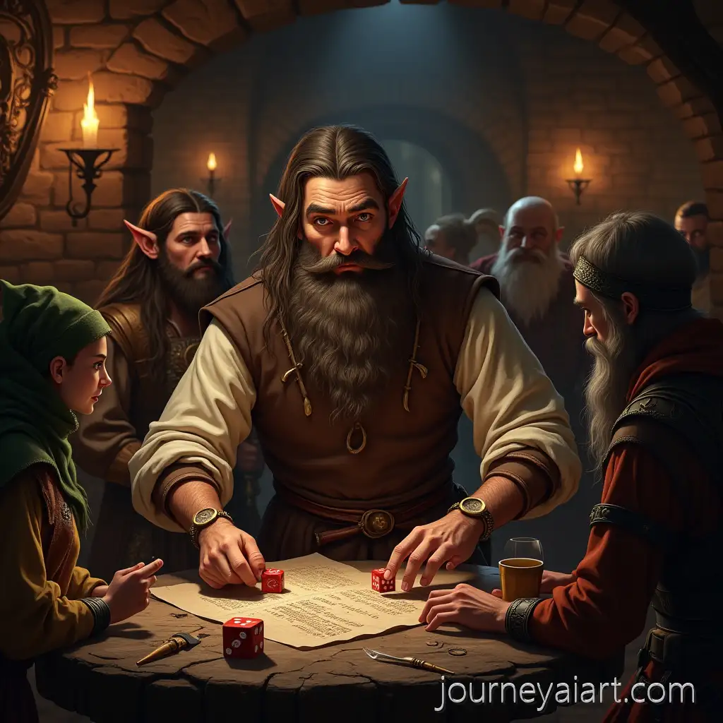Medieval-tavern-sceneMedieval-Fantasy-Tavern-with-Bearded-Innkeeper-and-Dwarves-Elves-Rolling-Dice