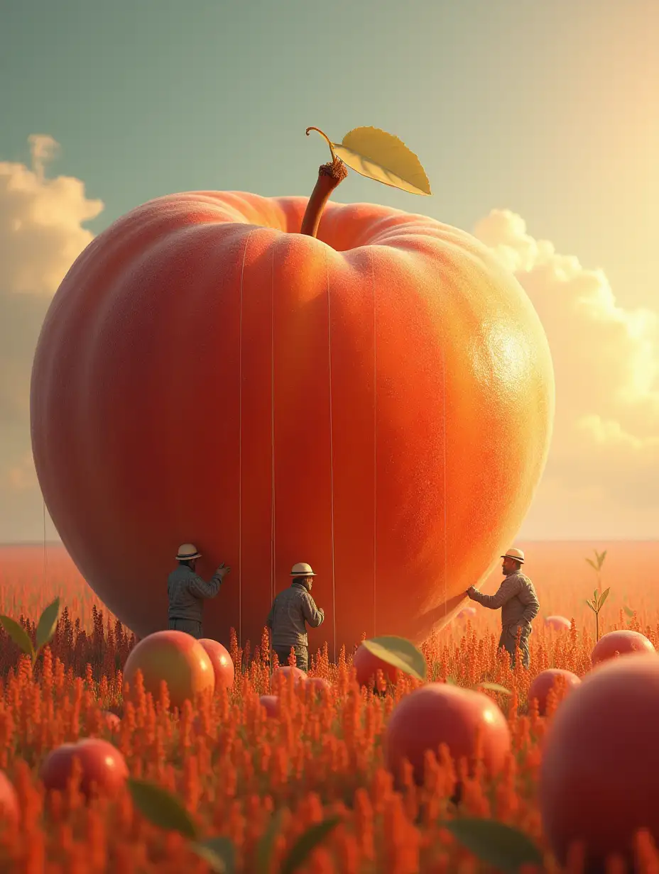 I want a nano photo of a giant peach with a lot of workers extracting the fragrance from it.