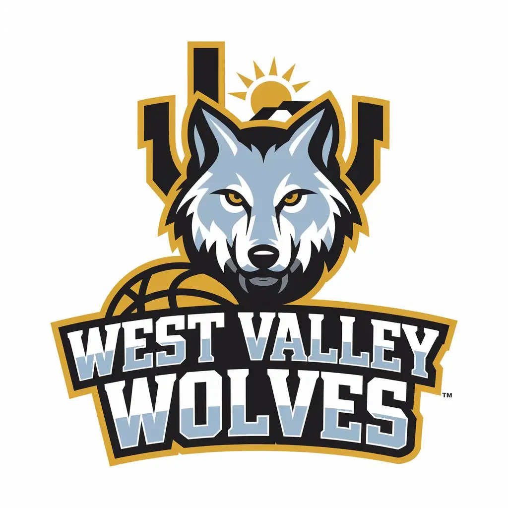 LOGO Design for West Valley Wolves Black Gray Gold Wolf with Valley and Sun Basketball Theme