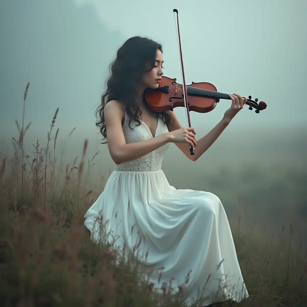 Woman-in-Romantic-White-Dress-Playing-Violin-in-Misty-Setting