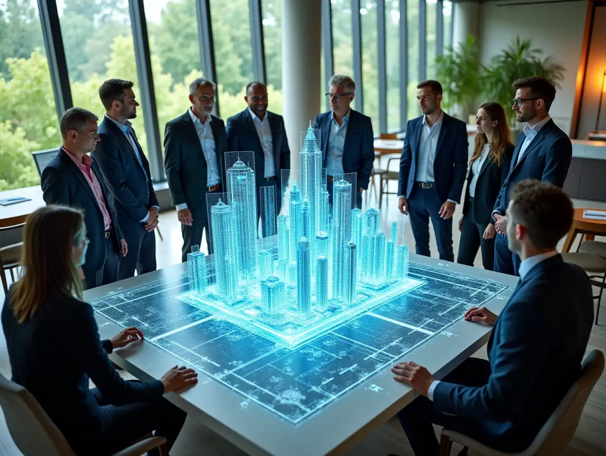 A group of architects gathered around a massive floating 3D holographic blueprint, showing an ultra-modern, eco-friendly city design. The workspace is futuristic yet warm, with large windows revealing a lush green cityscape beyond. The architects, diverse in background, wear sleek professional attire as they collaborate with passion and purpose.